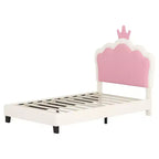 Lit double capitonné princesse avec tête de lit couronne, lit plateforme avec tête de lit et pied de lit, crème et rose