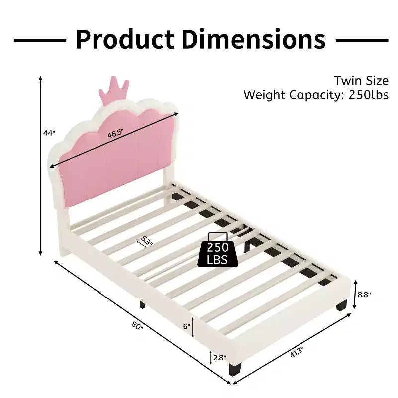 Lit double capitonné princesse avec tête de lit couronne, lit plateforme avec tête de lit et pied de lit, crème et rose