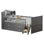 Lit simple avec 4 tiroirs de rangement, lit plateforme en bois avec barrière de sécurité, tête de lit et échelle, gris