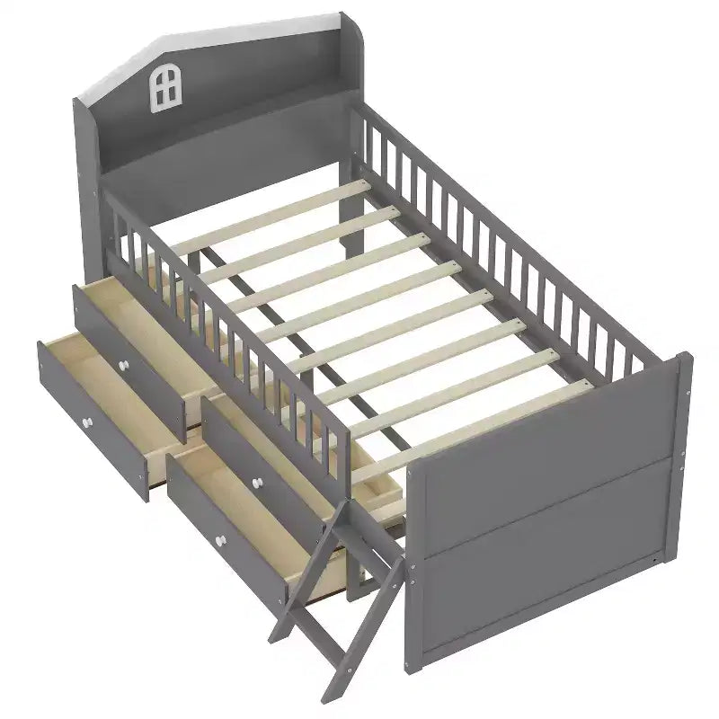 Lit simple avec 4 tiroirs de rangement, lit plateforme en bois avec barrière de sécurité, tête de lit et échelle, gris