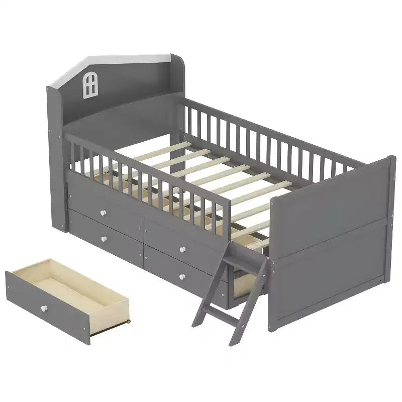 Lit simple avec 4 tiroirs de rangement, lit plateforme en bois avec barrière de sécurité, tête de lit et échelle, gris
