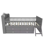 Lit simple avec 4 tiroirs de rangement, lit plateforme en bois avec barrière de sécurité, tête de lit et échelle, gris