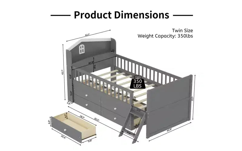 Lit simple avec 4 tiroirs de rangement, lit plateforme en bois avec barrière de sécurité, tête de lit et échelle, gris