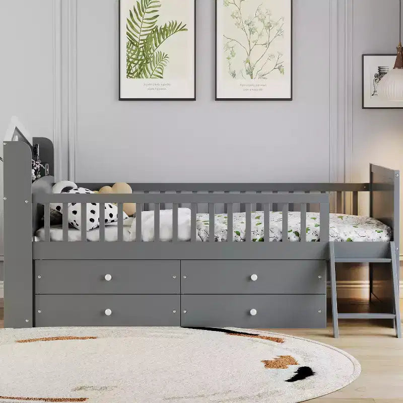 Lit simple avec 4 tiroirs de rangement, lit plateforme en bois avec barrière de sécurité, tête de lit et échelle, gris
