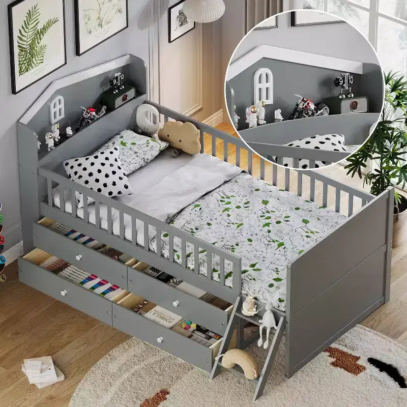 Lit simple avec 4 tiroirs de rangement, lit plateforme en bois avec barrière de sécurité, tête de lit et échelle, gris