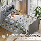 Lit simple avec 4 tiroirs de rangement, lit plateforme en bois avec barrière de sécurité, tête de lit et échelle, gris