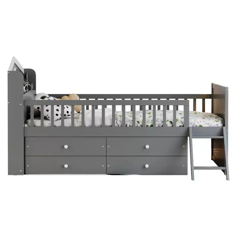 Lit simple avec 4 tiroirs de rangement, lit plateforme en bois avec barrière de sécurité, tête de lit et échelle, gris
