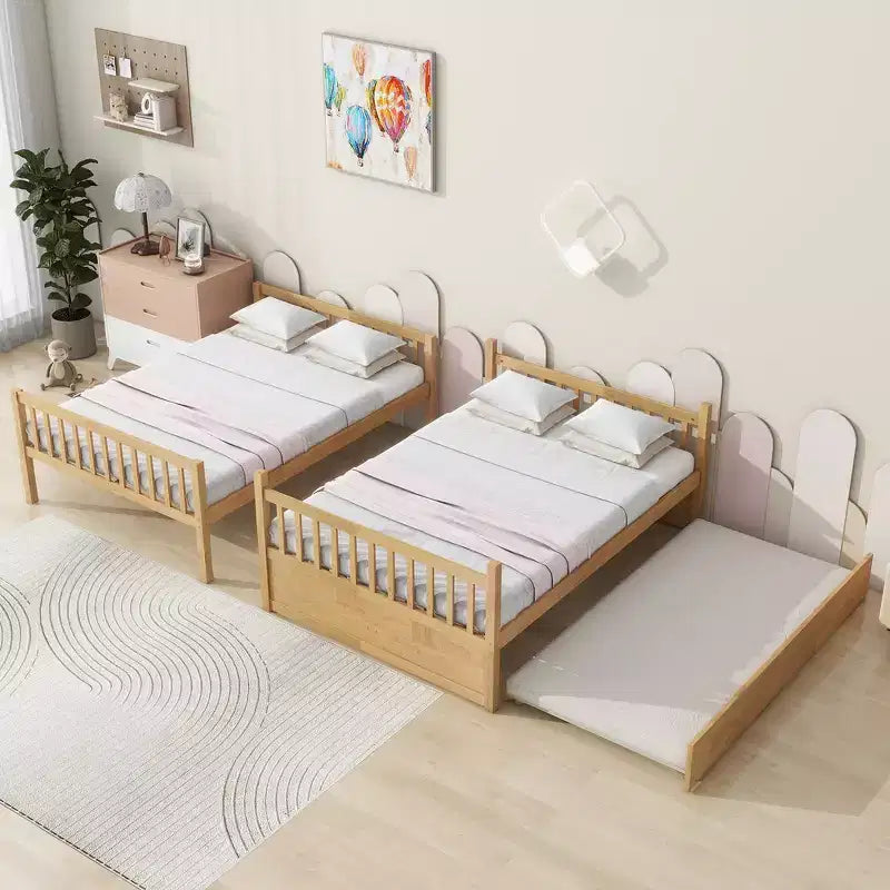 Lit superposé Whisen Full sur Full, cadre en bois d'hévéa pour enfants, mobilier de chambre d'intérieur, convertible en 2 lits séparés, lit gigogne coulissant - Naturel