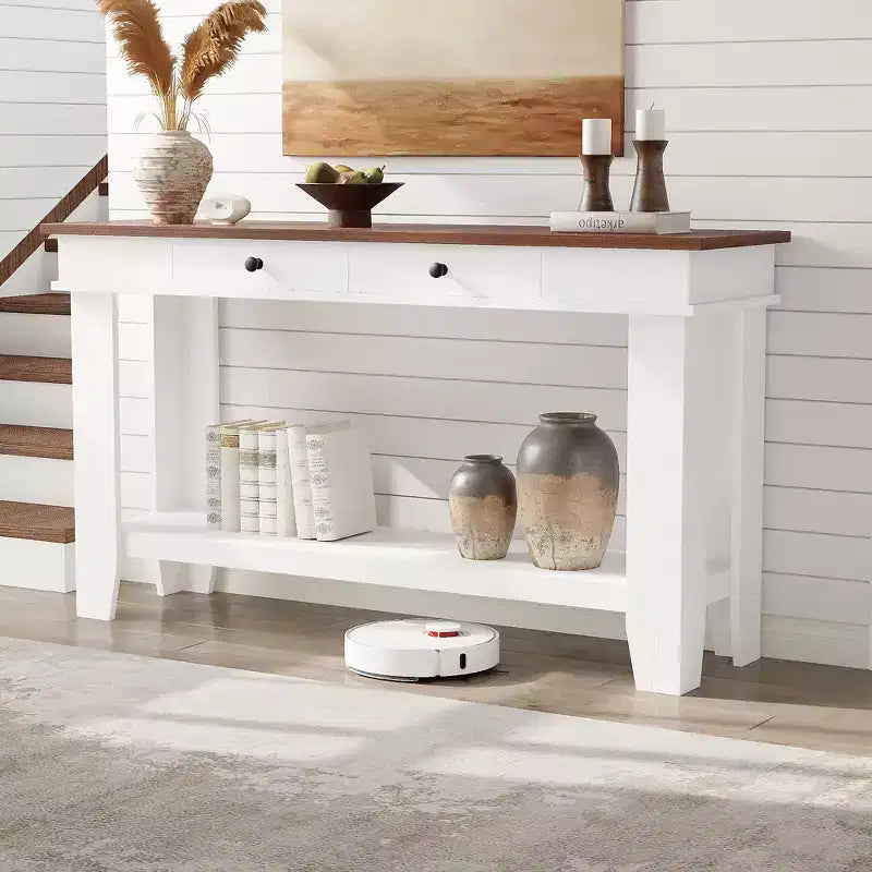 Console de couloir longue de 54 pouces de style ferme avec tiroirs, tables de couloir rectangulaires en bois avec étagère de rangement ouverte, table de canapé derrière le canapé, table de foyer