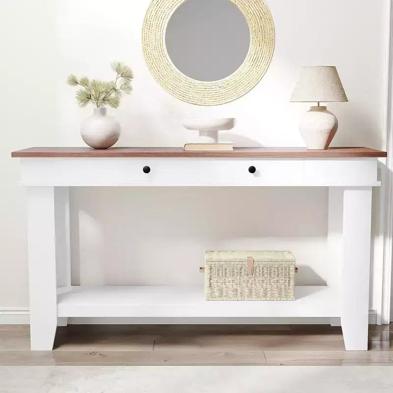 Console de couloir longue de 54 pouces de style ferme avec tiroirs, tables de couloir rectangulaires en bois avec étagère de rangement ouverte, table de canapé derrière le canapé, table de foyer