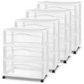 Sterilite Wide 3 Drawer Storage Cart, Plastic Rolling Organizer, White, 4 Pack