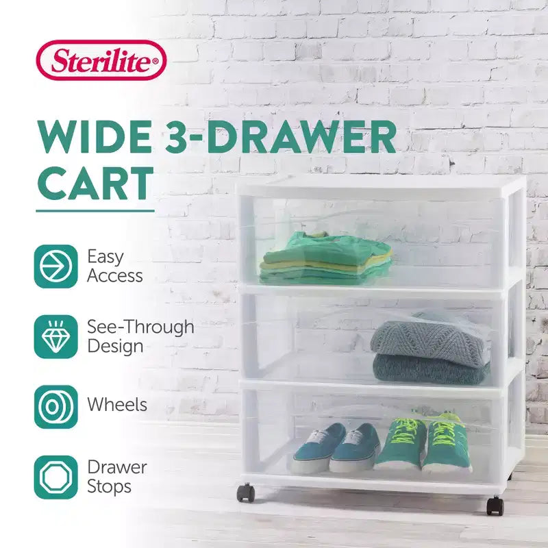 Lot de 4 chariots de rangement larges à 3 tiroirs Sterilite, organisateur en plastique à roulettes, blanc