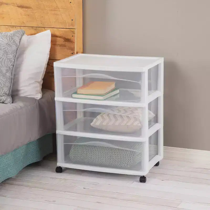 Lot de 4 chariots de rangement larges à 3 tiroirs Sterilite, organisateur en plastique à roulettes, blanc