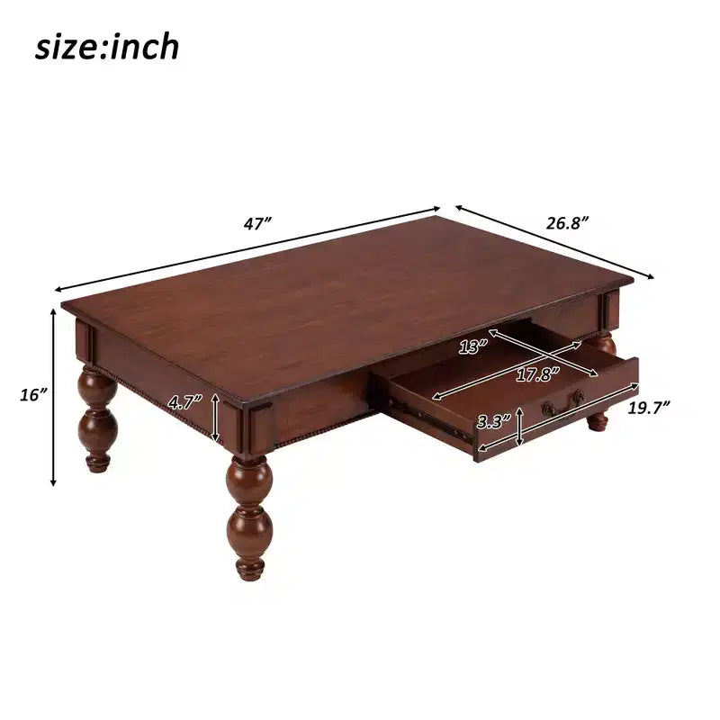 JVNOXK Table basse rectangulaire en bois avec tiroir de rangement, pieds en bois massif en forme de calebasse pour salon, Noyer
