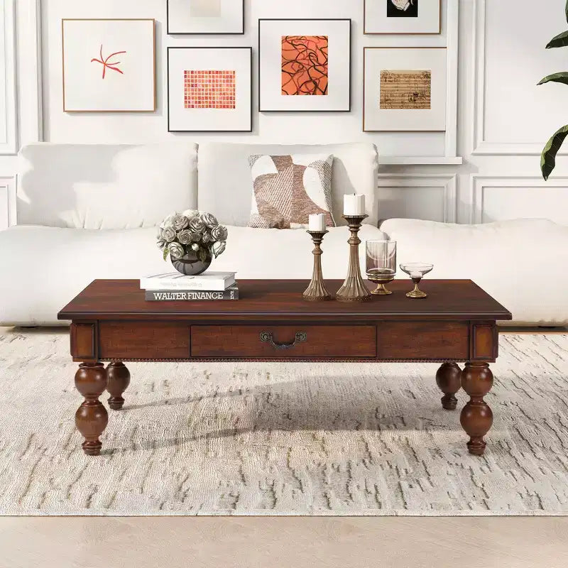 JVNOXK Table basse rectangulaire en bois avec tiroir de rangement, pieds en bois massif en forme de calebasse pour salon, Noyer