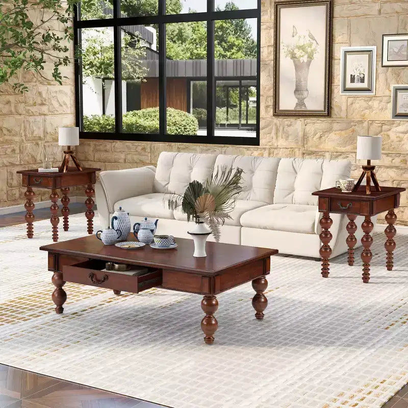 JVNOXK Table basse rectangulaire en bois avec tiroir de rangement, pieds en bois massif en forme de calebasse pour salon, Noyer