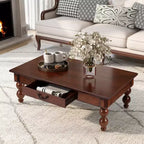 JVNOXK Table basse rectangulaire en bois avec tiroir de rangement, pieds en bois massif en forme de calebasse pour salon, Noyer