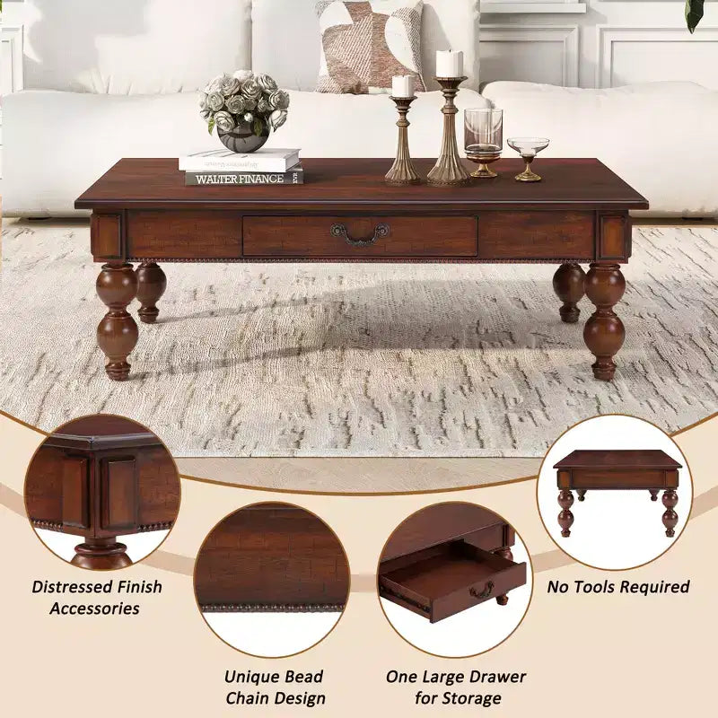 JVNOXK Table basse rectangulaire en bois avec tiroir de rangement, pieds en bois massif en forme de calebasse pour salon, Noyer
