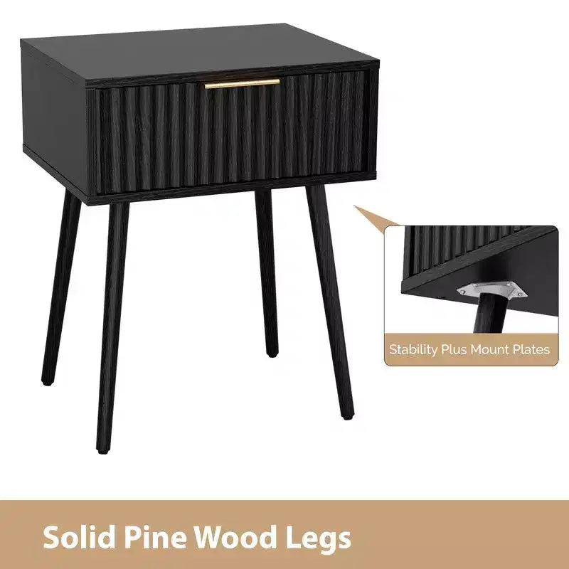 Karl Home Table de chevet noire 48 cm, panneaux de particules et MDF, mélamine et thermoformage, 1 tiroir, pieds hauts