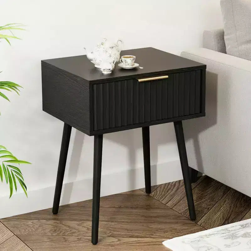 Karl Home Table de chevet noire 48 cm, panneaux de particules et MDF, mélamine et thermoformage, 1 tiroir, pieds hauts