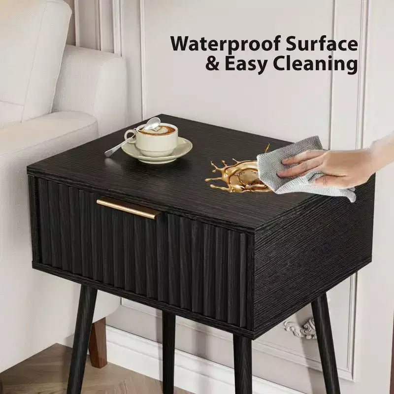 Karl Home Table de chevet noire 48 cm, panneaux de particules et MDF, mélamine et thermoformage, 1 tiroir, pieds hauts