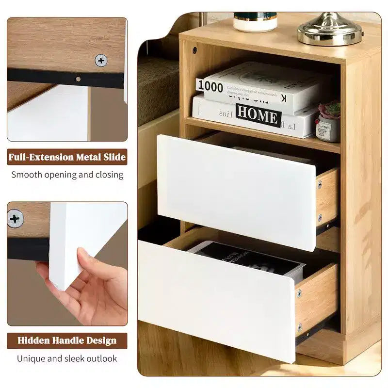 Table de chevet blanche Karl Home de 40 cm avec 2 tiroirs biseautés (2 pièces)