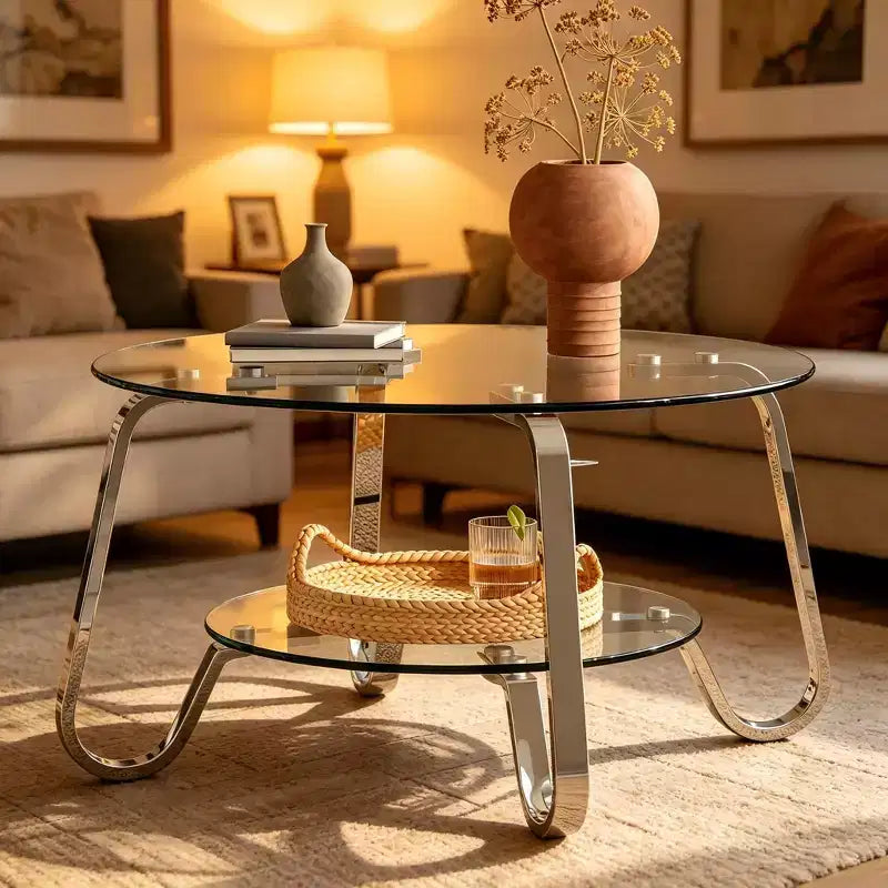 Table basse JVNOXK en verre trempé double couche avec cadre en métal rétro
