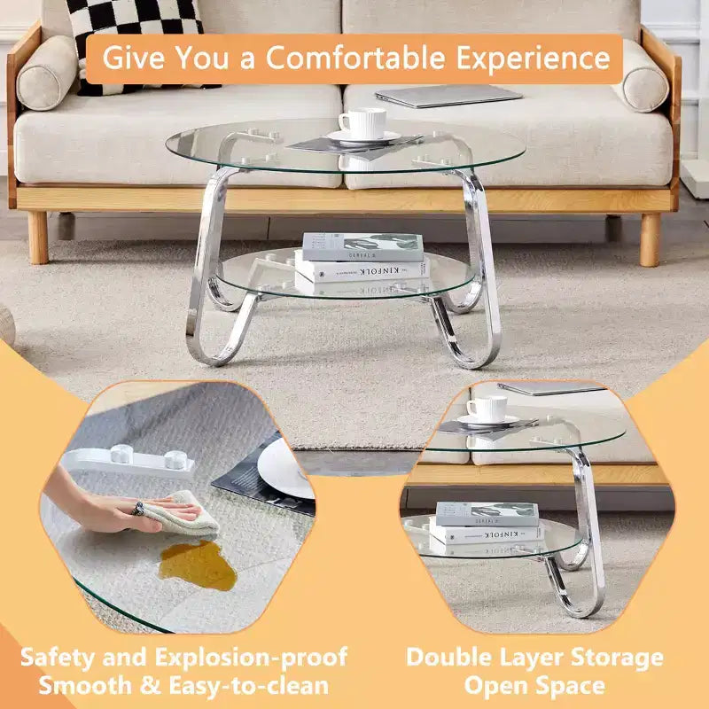 Table basse JVNOXK en verre trempé double couche avec cadre en métal rétro