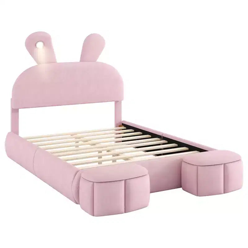Lit plateforme Luxystar grand format en velours capitonné avec tête de lit et éclairage, rose