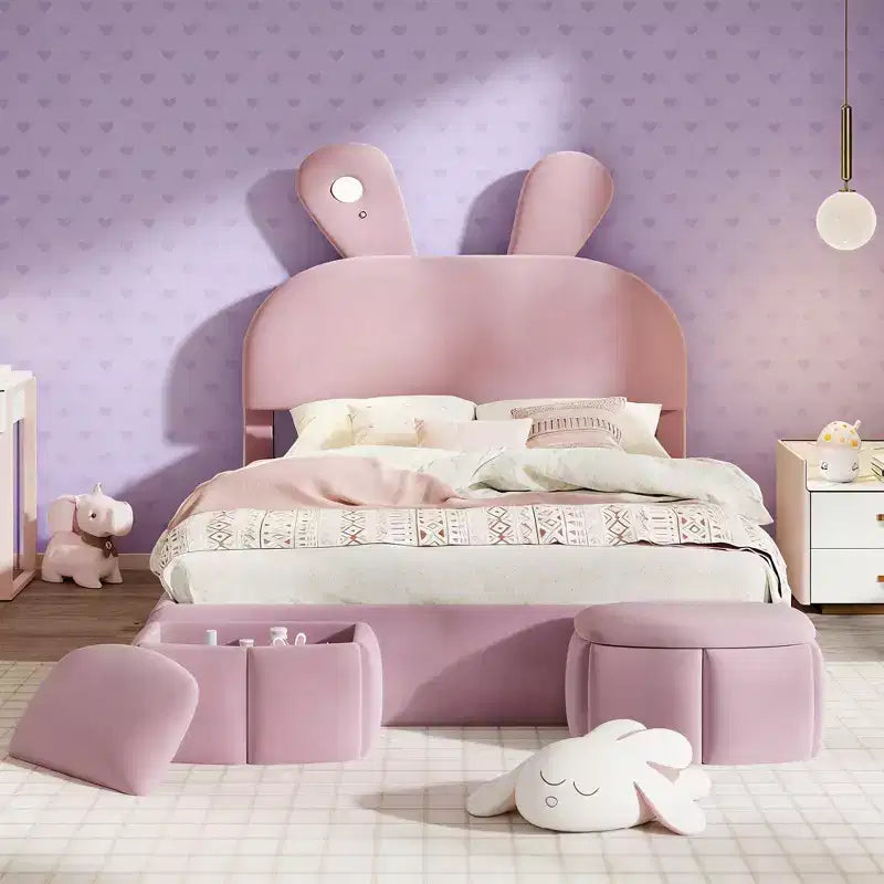 Lit plateforme Luxystar grand format en velours capitonné avec tête de lit et éclairage, rose