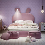 Lit plateforme Luxystar grand format en velours capitonné avec tête de lit et éclairage, rose