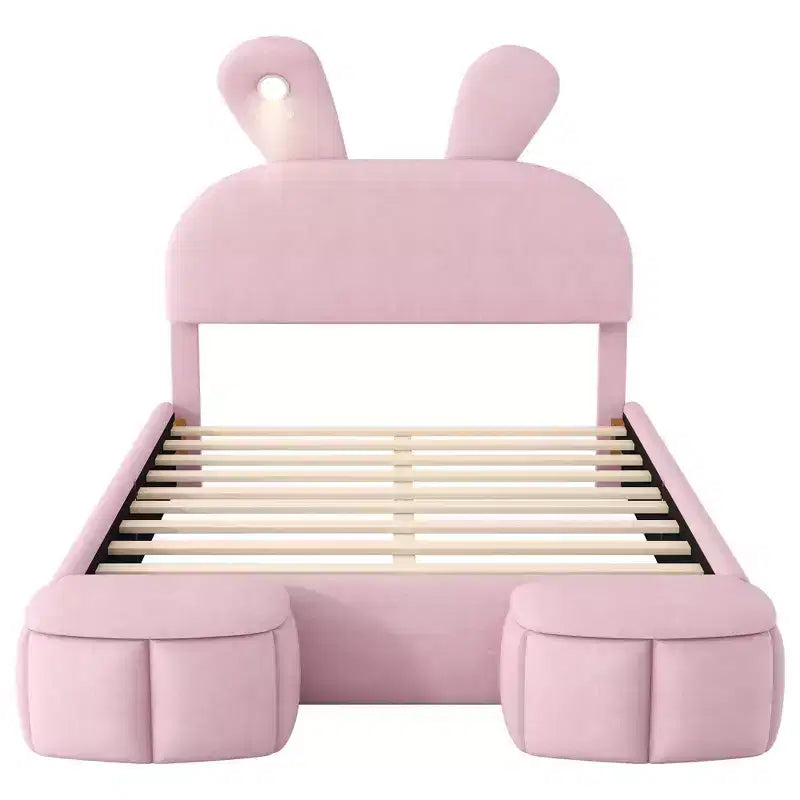 Lit plateforme Luxystar grand format en velours capitonné avec tête de lit et éclairage, rose