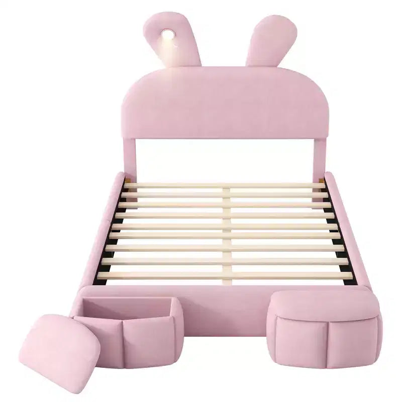 Lit plateforme Luxystar grand format en velours capitonné avec tête de lit et éclairage, rose