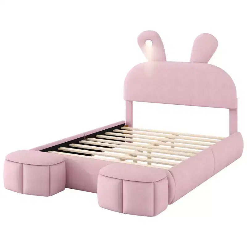 Lit plateforme Luxystar grand format en velours capitonné avec tête de lit et éclairage, rose