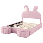 Lit plateforme Luxystar grand format en velours capitonné avec tête de lit et éclairage, rose