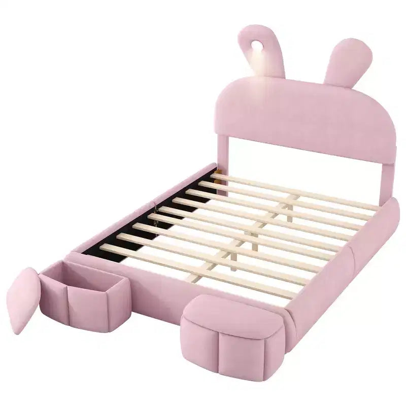 Lit plateforme Luxystar grand format en velours capitonné avec tête de lit et éclairage, rose