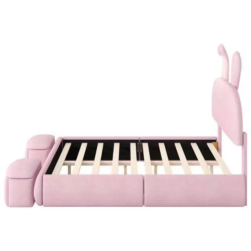 Lit plateforme Luxystar grand format en velours capitonné avec tête de lit et éclairage, rose