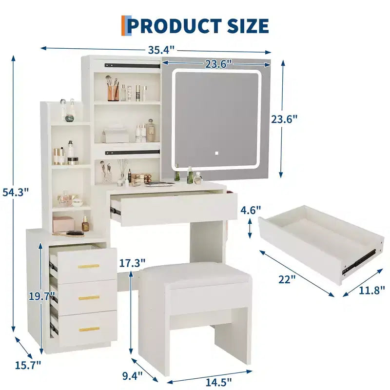 54.3" Coiffeuse Moderne à LED avec Tabouret Rembourré, 4 Tiroirs et Miroir Coulissant, Étagères de Rangement Ouvertes pour Chambre et Salle de Bain