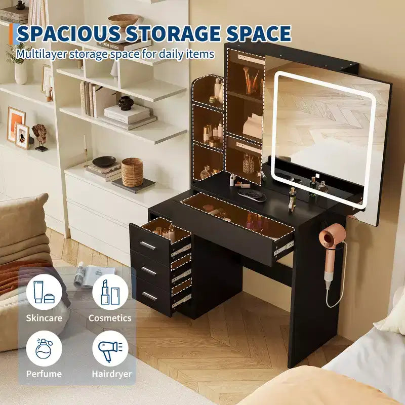 54.3" Coiffeuse Moderne à LED avec Tabouret Rembourré, 4 Tiroirs et Miroir Coulissant, Étagères de Rangement Ouvertes pour Chambre et Salle de Bain