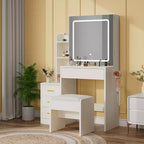 54.3" Coiffeuse Moderne à LED avec Tabouret Rembourré, 4 Tiroirs et Miroir Coulissant, Étagères de Rangement Ouvertes pour Chambre et Salle de Bain