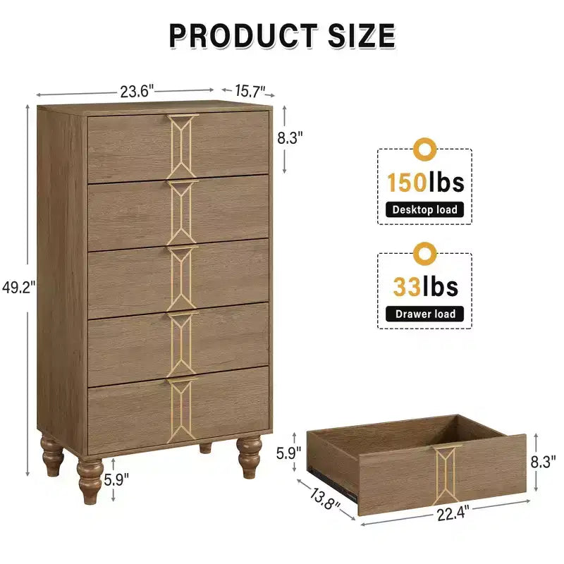 Commode 5 tiroirs - Commode haute moderne en bois avec tiroirs profonds, meuble de rangement pour chambre, salon, couloir, entrée - Montage facile