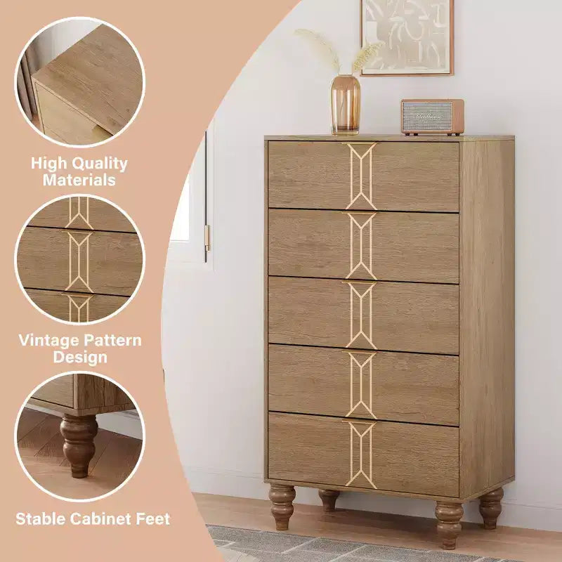 Commode 5 tiroirs - Commode haute moderne en bois avec tiroirs profonds, meuble de rangement pour chambre, salon, couloir, entrée - Montage facile