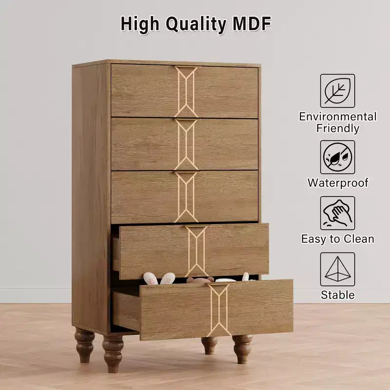 Commode 5 tiroirs - Commode haute moderne en bois avec tiroirs profonds, meuble de rangement pour chambre, salon, couloir, entrée - Montage facile
