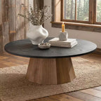 JVNOXK Round Coffee Table Sturdy Pedestal Wooden Tea Table for Living Room Easy to Assemble,Black,Wood