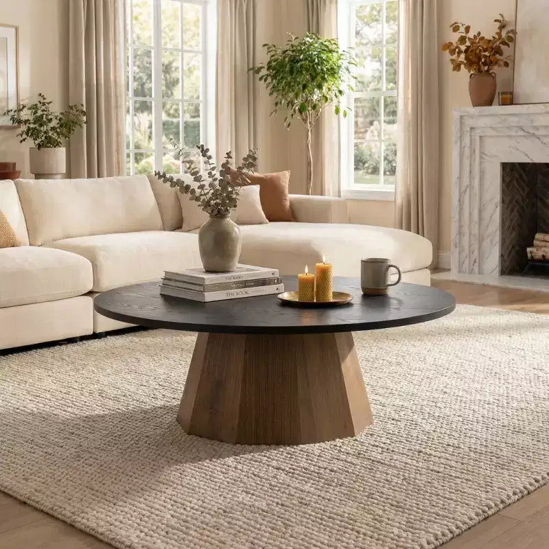 Table basse ronde JVNOXK Table à thé en bois robuste sur pied pour salon Facile à monter, Noir, Bois