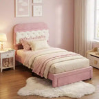 Cadre de lit double avec tête de lit en forme de biscuit sandwich, lit rose beige pour filles, rangement avec étagères intégrées à la tête de lit et 2 tiroirs, pas besoin de sommier, assemblage facile