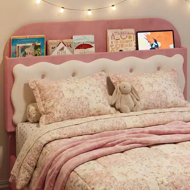 Cadre de lit double avec tête de lit en forme de biscuit sandwich, lit rose beige pour filles, rangement avec étagères intégrées à la tête de lit et 2 tiroirs, pas besoin de sommier, assemblage facile