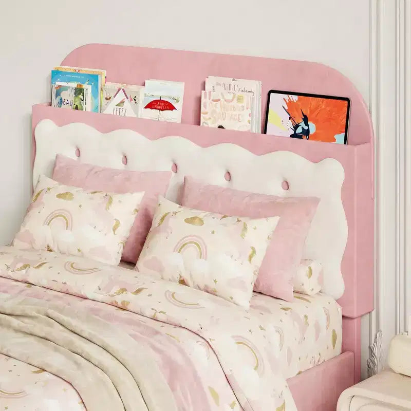 Cadre de lit double avec tête de lit en forme de biscuit sandwich, lit rose beige pour filles, rangement avec étagères intégrées à la tête de lit et 2 tiroirs, pas besoin de sommier, assemblage facile