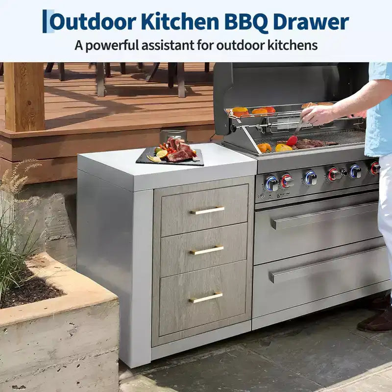 Meuble de rangement triple tiroir en acier inoxydable pour cuisine extérieure - Robuste, résistant aux intempéries, organisateur encastrable avec poignées, pour îlot de barbecue