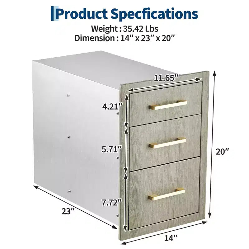 Meuble de rangement triple tiroir en acier inoxydable pour cuisine extérieure - Robuste, résistant aux intempéries, organisateur encastrable avec poignées, pour îlot de barbecue